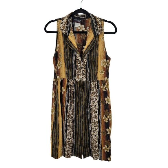 Vtg 80s Tropical Floral Button Front Dress Sz M Sleeveless Rayon Brown Pockets - Picture 4 of 12